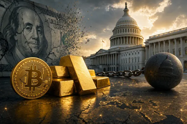 Editorial illustration of bitcoin and gold representing the debasement trade