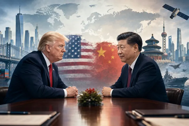 Illustration representing US–China strategic rivalry and diplomacy during the Xi–Trump summit period in May 2026