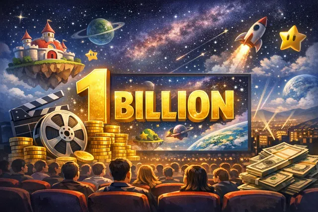 Illustration of The Super Mario Galaxy Movie crossing the $1 billion box office milestone, featuring starry galaxy motifs and a celebratory atmosphere.