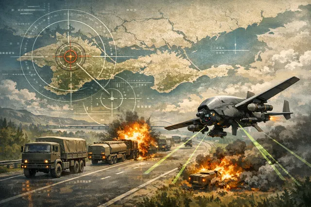 AI-powered Ukrainian Hornet drone in flight above a burning Russian supply convoy on a highway to Crimea, depicting the Logistics Lockdown campaign.