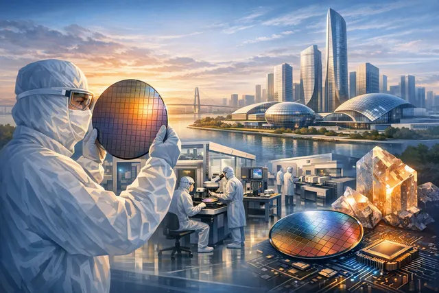 上海临港第四代半导体产业集聚区的概念性芯片与晶圆工厂插画