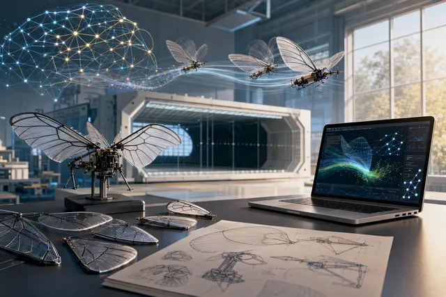 Conceptual illustration of a butterfly-inspired flapping-wing robot with AI-generated wing designs