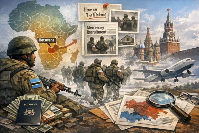 An AI-generated editorial illustration of a world map with Africa highlighted, crossed by a red warpath leading to Ukraine, symbolizing the recruitment pipeline of African citizens