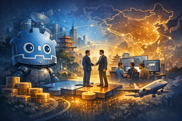 Editorial illustration of Tencent investment supporting W4 Games and Godot Engine expansion in Asia