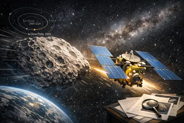 An artistic illustration of the Hayabusa2 spacecraft approaching the asteroid Torifune for a close flyby, set against a starry deep-space background.