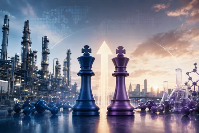 Editorial illustration of chemical plants representing BASF’s reported takeover proposal for Evonik
