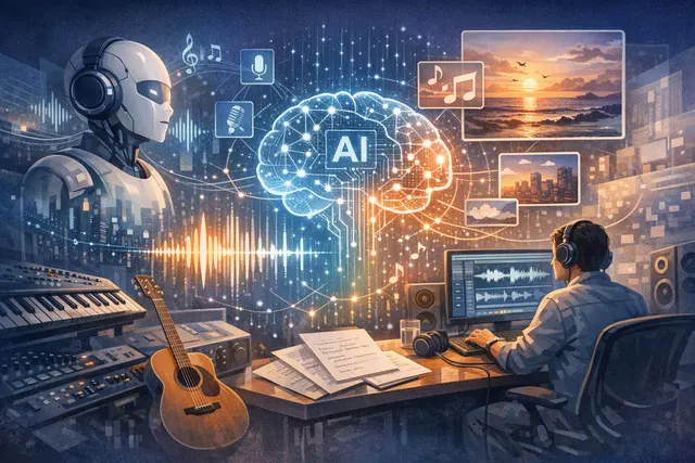 抽象化呈现自然语言生成 AI 音乐的场景，代表阿里 HappyShrimp 1.0