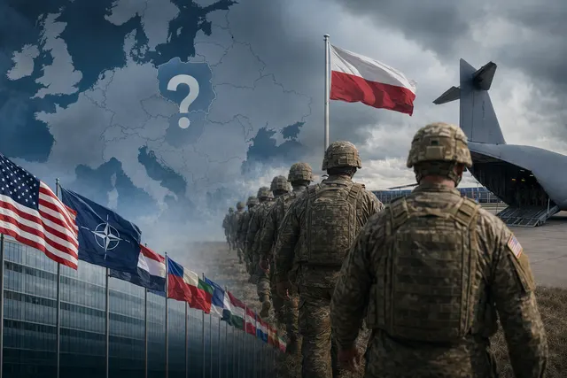 Editorial illustration of NATO troops and U.S. forces near Poland highlighting debate over troop deployments in Europe