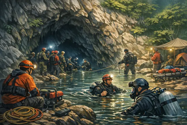 Rescue teams and cave divers coordinating the extraction of five gold prospectors trapped in a flooded cave in Xaisomboun province, Laos, with monsoon rain approaching.