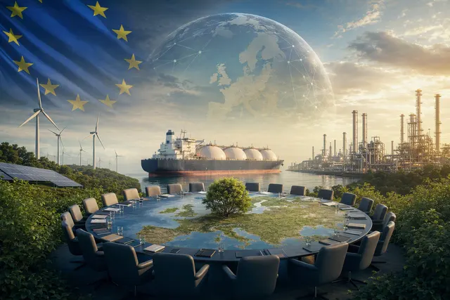 Editorial illustration for the debate over EU methane rules, energy security and institutional investors