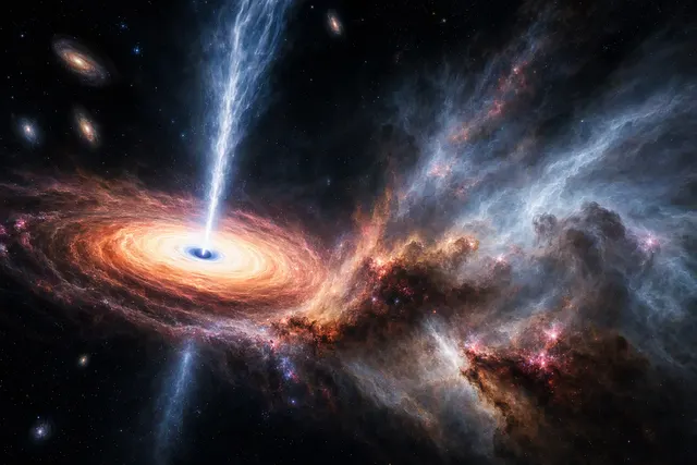 Editorial illustration of an active galaxy with a bright central black hole, ionized outflow cones, and a surrounding star-forming ring