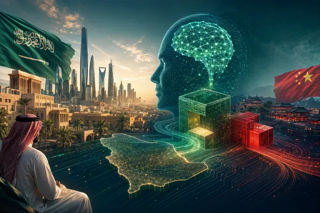 Editorial illustration of Saudi Arabia’s HUMAIN-M3 and sovereign AI development