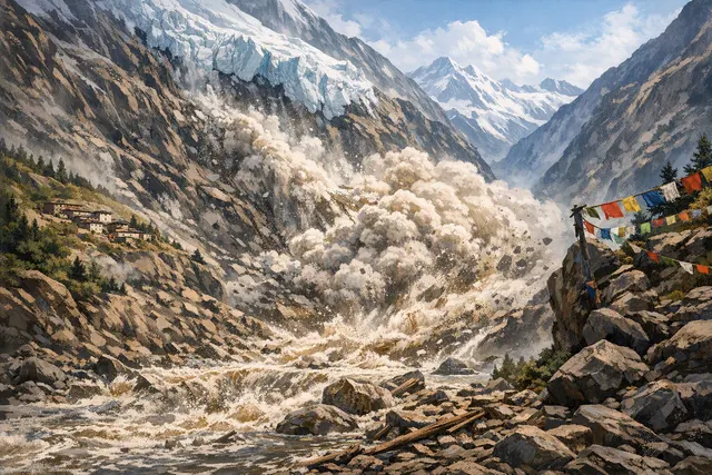 Editorial illustration of a Himalayan glacier collapse sending ice, rock, mud and floodwater through a mountain valley near the Nepal–Tibet border