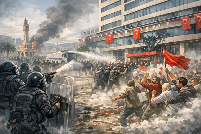 Turkish riot police confronting protesters during a political rally in İzmir, reflecting the May 2026 crackdown on the CHP opposition party.
