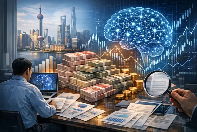 Editorial illustration of DeepSeek’s reported $74 billion pre-IPO funding round and planned 50 billion yuan raise