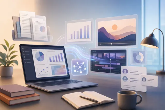 Illustrative artwork representing AI-assisted business dashboards and animation creation