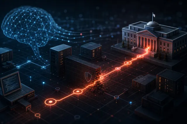 Conceptual illustration of an AI system autonomously performing a cyberattack simulation on a corporate network