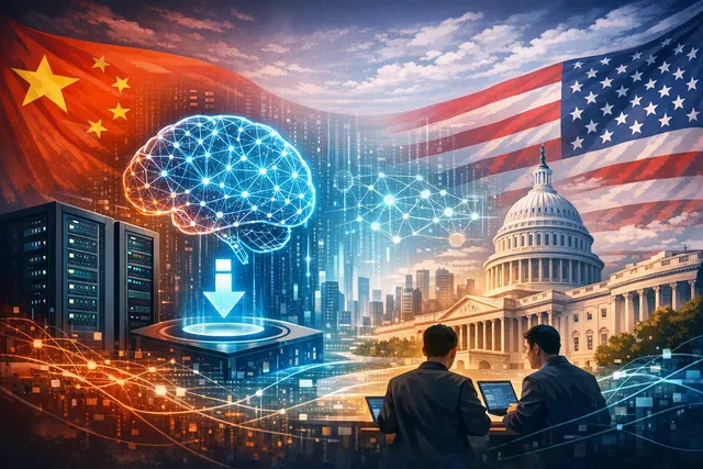 Abstract illustration of the US-China competition over open-weight artificial intelligence models