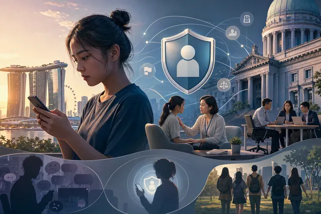 AI-generated illustration about seeking help for online harms in Singapore