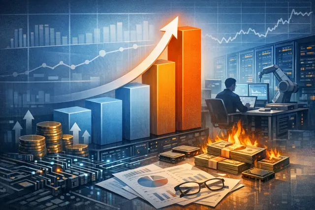 AI-generated editorial illustration representing MiniMax's first-half 2026 revenue growth, enterprise AI demand and investment in computing infrastructure