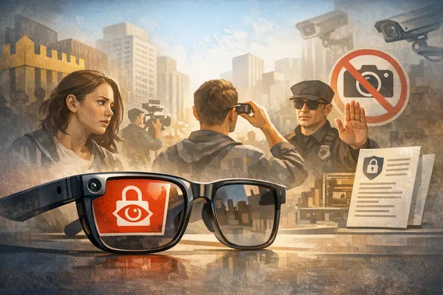 Illustration of camera-equipped smart glasses beside a camera-free waveguide display, representing the privacy debate in wearable technology