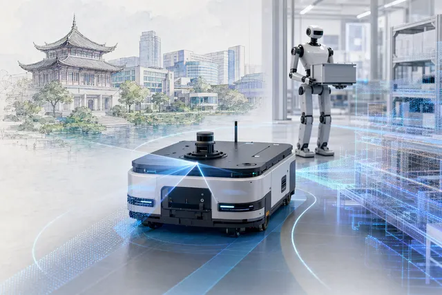 Editorial illustration of industrial embodied AI robotics and mobile automation