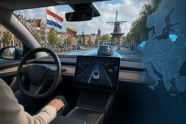 Tesla vehicle using Full Self Driving Supervised driver assistance on a modern highway