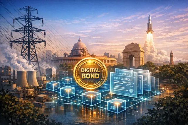Illustration of a digital corporate bond recorded on a blockchain beside a wholesale CBDC wallet