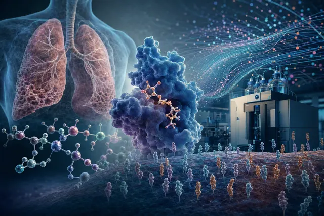 Editorial illustration of AI-enabled drug discovery and proteomic biological-age analysis