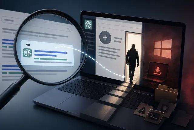 Illustration representing a fake ChatGPT-style page leading to a Windows malware warning