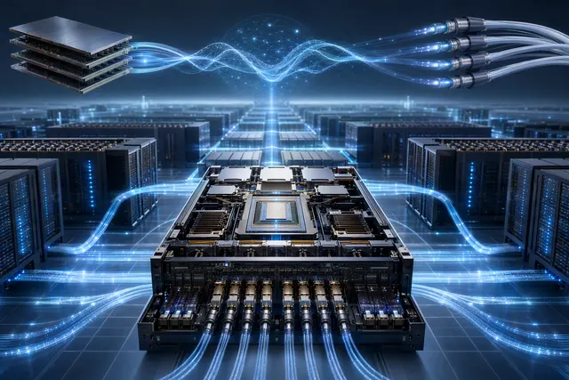 Editorial illustration of Huawei’s Atlas 960E SuperPoD and high-bandwidth AI cluster interconnect