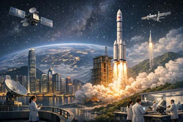 Editorial illustration of Hong Kong’s transition from early satellite communications to university-led space research and AI Earth observation
