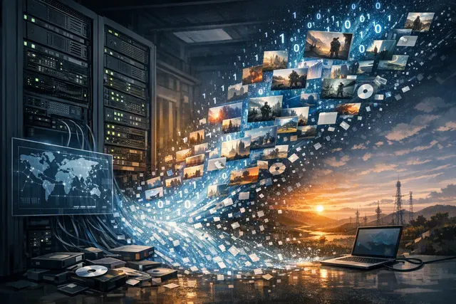 Abstract editorial illustration representing the Steam2 Teraleak, legacy Steam servers, archived game builds, and a 12TB data exposure
