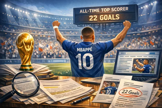 Kylian Mbappé celebrates after scoring a goal at the 2026 FIFA World Cup, becoming the all-time men's top scorer with 22 goals.