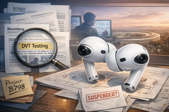 A conceptual illustration of AirPods Pro with infrared camera sensors, representing Apple's B798 project for Visual Intelligence.