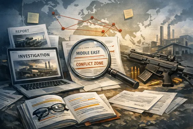 Investigation report on Beretta Holding's alleged continued arms supplies to Russia despite Western sanctions, featuring a document overlay and firearms imagery.