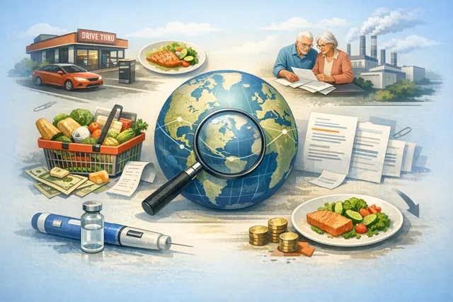 A conceptual illustration of a shopping cart and grocery bags shrinking, symbolizing reduced food spending by GLP-1 drug users.