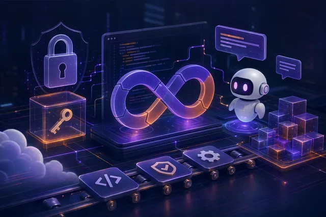 Illustration representing GitLab 19.0 DevSecOps platform with AI automation, secrets management, and security pipelines