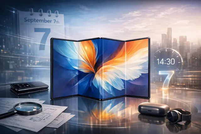 Conceptual Huawei Mate XT 2 tri-fold smartphone shown in a compact inward-folding configuration