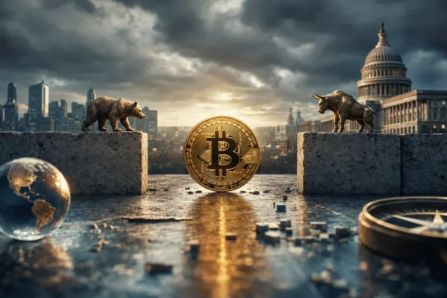 AI-generated editorial illustration representing Bitcoin trading within a price range ahead of market catalysts.