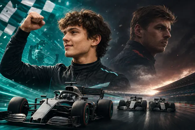 AI-generated Formula 1-style race car leading a pack, representing Kimi Antonelli’s three-race winning streak.