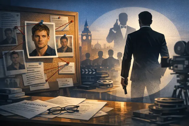 Illustrative portrait of a British actor in a tuxedo against a cinematic spy-thriller backdrop, representing the reported race to become the next James Bond