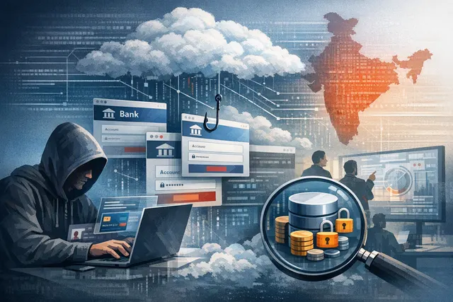 Editorial illustration of a smartphone, fake banking website and cloud infrastructure representing Firebase-linked cyber scams in India
