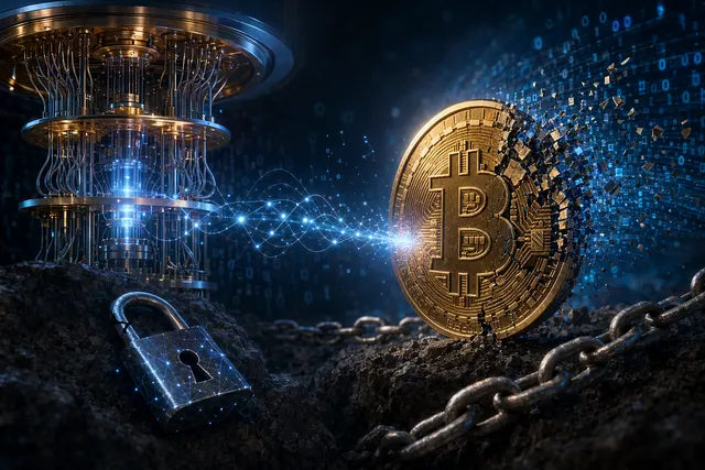 AI-generated editorial image about quantum computing risk to Bitcoin security