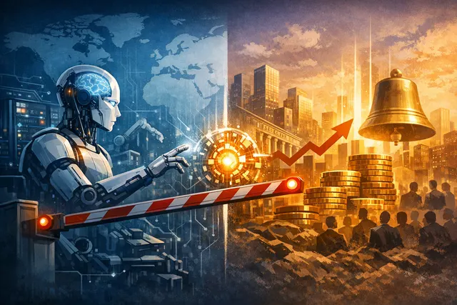 Illustration showing the Anthropic logo split between a cautious safety advocate and a racing commercial entity, representing the tension between calling for an AI pause and pursui