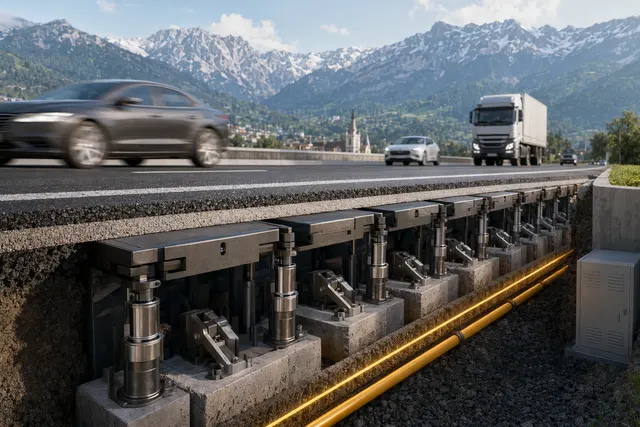 Concept illustration of a road power plant capturing energy from trucks driving over road plates
