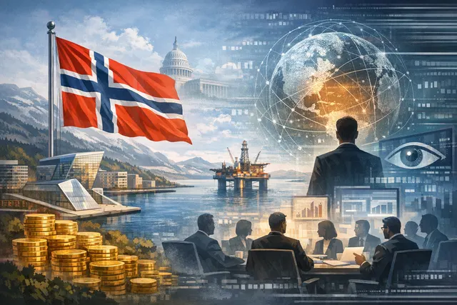 Illustration of Norway's sovereign wealth fund voting against Palantir's board, with institutional investor pressure and ICE surveillance technology controversy symbolized in a dra