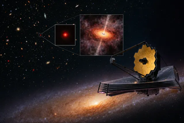AI-generated editorial illustration accompanying an article about JWST’s little red dots and gas-enshrouded black holes