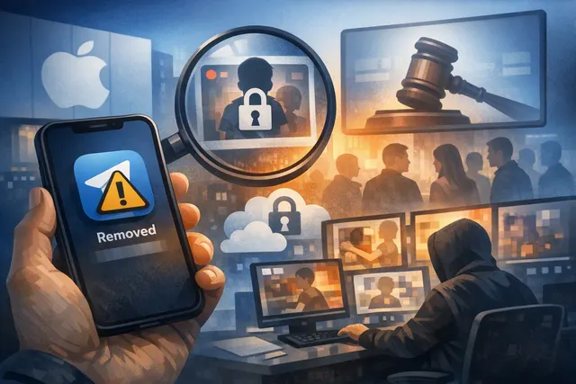 Illustration of an iPhone App Store page for Telegram showing a 'Not Available' message, symbolizing the brief removal over CSAM content.