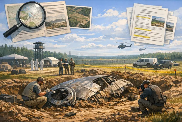 An editorial illustration of a drone flying over a field with a village in the distance, representing the discovery of an armed Ukrainian drone in an Estonian field near the Russia